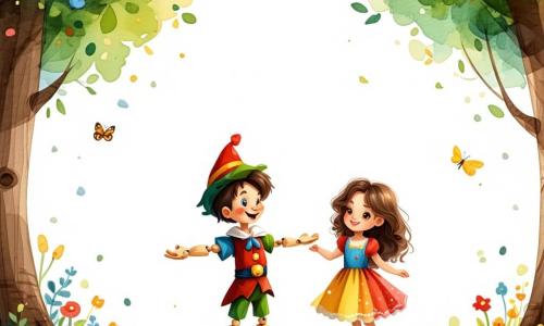 Pinocchio, een houten jongen met rommelig bruin haar en een grote glimlach, staat in het midden van de afbeelding met open armen, vol enthousiasme en vreugde. Zijn ogen fonkelen van opwinding terwijl hij anderen uitnodigt om met hem in het park te spelen. Naast hem staat Lila, een meisje van ongeveer 8 jaar met lang, krullend haar, in een kleurrijke jurk en sneakers. Ze glimlacht breed terwijl ze een voetbal vasthoudt, klaar om andere kinderen aan te moedigen zich bij hen aan te sluiten. Op de achtergrond strekt een groen park zich uit, vol majestueuze bomen, kleurrijke bloemen en een stralende blauwe lucht. Kinderen van verschillende afkomst spelen samen, wat een sfeer van vreugde en eenheid creëert. De scène toont Pinocchio en Lila die kinderen verzamelen voor een voetbalspel, wat het thema van inclusie en vriendschap illustreert terwijl iedereen zich voorbereidt om samen plezier te maken, ongeacht hun verschillen.