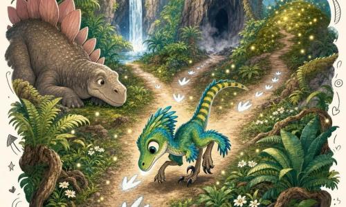 Riri, a small, curious velociraptor with bright green and blue feathers, big expressive eyes and a slender snout, stands on thin legs sniffing glowing silver footprints on the ground, tail raised with yellow stripes and body poised to run; a sleeping, gentle stegosaurus with textured grey-brown skin and pale pink plates watches from the left a few meters behind; the scene is a forest of giant emerald ferns and cycads with mossy ground and twisted roots, where a light-colored dirt path splits into three trails marked by sparkling footprints leading to a waterfall, a misty cave and a hill of fireflies; Riri stands at the fork surrounded by floating lights, looking amazed and determined in a soft, brightly colored, child-friendly cartoony style.