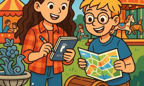 A 12-year-old girl named Lily, with long curly brown hair cascading over her shoulders, stands at the center of the image. She wears a red plaid shirt and jeans, her face glowing with excitement and curiosity, her eyes shining with anticipation. She holds an open detective notebook in one hand, scribbling notes with a colorful pen. Next to her is Max, a 12-year-old boy with messy blond hair and round glasses, carefully examining a carnival map. He wears a blue t-shirt and shorts, sporting a knowing smile, ready to assist her in her quest. In the background, the carnival stretches out with colorful tents, twinkling lights, and lively rides. A large carousel spins gently, and children laugh while playing games. The sky is a bright blue, dotted with fluffy white clouds. Lily and Max stand in front of a fountain adorned with sculptures of flowers and fantastical creatures, where they have just discovered a mysterious chest. The excitement is palpable as they prepare to open the chest, revealing hidden treasures and secrets of the carnival.