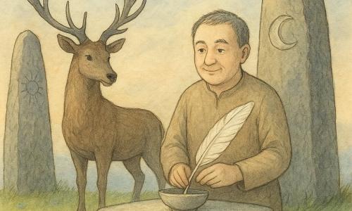 A middle-aged man with a round, gentle face, short black hair streaked with gray, a calm benevolent gaze and a slight smile holds a large smooth white feather placed in a small bowl on a pale stone table, standing between two menhirs; a majestic stag (male) with large silver antlers stands to the left, motionless and respectful, looking at the man from the edge of the grass, no other humans present; the hilltop is covered with short green grass and small blue flowers like patches of sky; two doorway-high menhirs, one carved with a sun, the other with a moon, frame the stone table; the light is soft, a mix of warm gold and gray-blue moonlight with thin long shadows, the mood is silent, sacred, calm and balanced; centered composition with a slightly low-angle perspective to give grandeur to the menhirs; visible textures: wood grain, feather veins, smooth stone surface, and watercolor-like washes blending the colors.