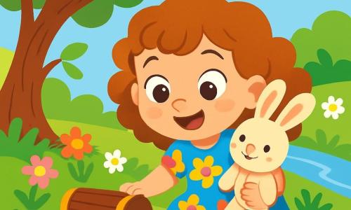 A 4-year-old girl named Lily, with big sparkling eyes and curly hair, is wearing a colorful floral dress. She smiles in wonder, holding her stuffed bunny named Floppy in her arms. Floppy has long, soft ears and a joyful expression. In the background, a large tree with waving branches stands, its green leaves dancing in the wind. The ground is covered with bright flowers and green grass, and a small stream sparkles in the sunlight. Lily is crouched down, discovering a small wooden chest buried in the grass, her eyes wide with surprise. She is surrounded by colorful stones that seem to sing, adding a magical touch to the scene. The main situation shows Lily on an adventure, ready to open the chest to reveal a sparkling treasure, filled with excitement and curiosity.
