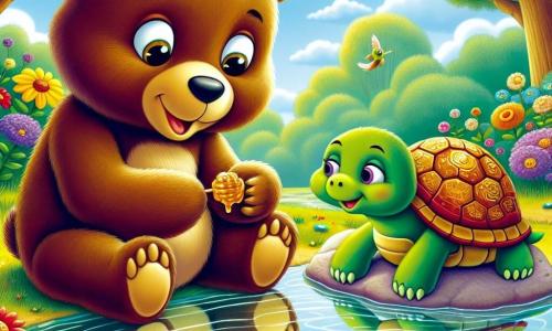 A brown bear named Benny, with soft fur and curious bright eyes, is sitting by a sparkling pond, a joyful smile on his face. He holds a small honey sandwich in his paws, gazing at the reflections in the water with wonder. Next to him, a wise turtle named Tilly, with a green shell adorned with golden patterns, smiles gently, her eyes sparkling with wisdom. She is perched on a smooth rock, listening attentively to Benny. The setting is a sunny meadow, surrounded by colorful flowers dancing in the wind, with majestic trees in the background, their leaves rustling softly. The main scene shows Benny discovering the secret of happiness, listening to Tilly's advice, while birds sing joyfully in the branches above them.
