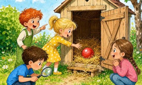 Vier Kinder: Lisa (Mädchen, ~6 Jahre) mit blonden Zöpfen und gelbem gepunktetem Kleid in der Mitte, streckt die Hand zu einem roten Ballon auf Stroh; Ben (Junge, ~6) links, braune kurze Haare, blaues T‑Shirt, hockt mit einer Lupe wie ein kleiner Detektiv; Emma (Mädchen, ~5) rechts, kastanienbraune geflochtene Haare, rosa Pullover, Hände gefaltet, staunender Blick zum Ballon; Max (Junge, ~6) hinten, rote Haare, grüne Latzhose, zeigt lachend auf den Hühnerstall. Ort: heller Bauernhofgarten mit grüner Wiese und Gänseblümchen, beige Holzhühnerstall mit offener Tür und goldenem Stroh, runder Strauch links, Apfelbaum rechts, hellblauer Himmel mit weichen weißen Wolken. Szene: die vier kleinen Ermittler haben einen roten Ballon neben einer braunen Henne gefunden, fröhlich-neugierige Stimmung; sichtbare Details: zerknittertes Stroh, kleine Fußspuren, glänzende Lupe, erstaunte Mienen; leuchtende Farben, klare Konturen, warmer, einfacher, farbiger Tusche‑Stil.