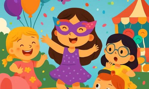 Hay 4 niños: Ana, una niña de 8 años con largos cabellos castaños y ojos brillantes, lleva un bonito disfraz de carnaval violeta con purpurina y una máscara colorida, bailando alegremente en el centro de la imagen. María, una niña de 7 años con trenzas rubias y una sonrisa radiante, viste un vestido rosa con flores y sostiene globos multicolores, riendo a la izquierda de Ana. Luisa, una niña de 8 años con cabello negro y gafas redondas, lleva un disfraz de carnaval amarillo con estrellas brillantes y hace un gesto de sorpresa a la derecha de Ana. Sofía, una niña de 6 años con rizos pelirrojos y ojos verdes, viste un disfraz azul con plumas y baila alrededor de Ana, añadiendo energía a la escena. La situación principal ocurre en un carnaval mágico, lleno de colores vivos y luces brillantes, con globos flotando en el cielo azul, confeti cayendo y puestos de golosinas coloridas al fondo. Los cuatro amigos bailan juntos, rodeados de risas, música y magia, disfrutando de un momento de felicidad y asombro al descubrir un elefante rosa y una tortuga sonriente.