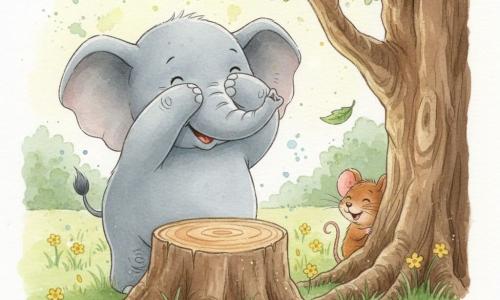 Een grote zachte grijze olifant met ronde gelaatstrekken en vriendelijke ogen telt met zijn poot voor zijn ogen voor een grote stronk; een kleine bruine muis met pluizige vacht en glanzende zwarte ogen lacht en verstopt zich achter een nabijstaande boomstronk waarbij alleen haar oren te zien zijn; decor: een zonnige open plek met groen gras en gele bloemetjes, een grote eik met een ruwe stam en enkele zacht dwarrelende bladeren; scène: verstoppertje met vrolijke spanning en beweging gesuggereerd door aquarelspatten rondom de figuren.
