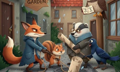Felix the anthropomorphic fox, thin and red with a mischievous but focused almond-eyed expression, wearing a worn blue coat and pulling a rope; Pip the small striped brown squirrel, ashamed but relieved, crouched by a wet manhole with muddy paws helping pull; Mrs. Badger, round and wise with gray fur and round glasses, stern yet reassuring, holding a damp cardboard tube like a scoop to retrieve a soaked rolled map and standing near the gutter; Otis the owl, tall and fluffy with dangling glasses, watching from a nearby post and consulting a small knot notebook; Marnie the magpie, glossy black with blue sheen, enthusiastic and holding a flat stone to wedge the grate; setting: a wet cobbled alley behind a bakery with silver puddles, red tiles, a bitten wooden "Fern Garden" sign, dark ferns and a central black metal grate with swirling water; main scene: a dynamic rescue as the animals work together to lift the grate and recover the waterlogged map, droplets suspended and stylized paper-cut splashes, soft post-rain light; graphic style: layered paper textures, crisp cut edges, soft layered shadows, saturated contrasts and crumpled-paper details for water and clothing.