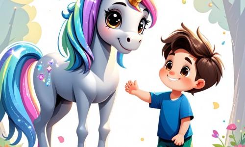 Eine wunderschöne Einhorn namens Aurora steht im Zentrum des Bildes. Sie hat ein schimmerndes, silbernes Fell und eine lange, regenbogenfarbene Mähne, die sanft im Wind weht. Ihre großen, strahlenden Augen drücken Freude und Staunen aus. Neben ihr sitzt ein 8-jähriger Junge namens Felix, mit zerzausten braunen Haaren, der ein blaues Hemd und grüne Shorts trägt und begeistert lächelt. Er hockt und streckt die Hand nach Aurora aus, bereit, sie zu streicheln. Der Hintergrund ist ein verzaubertes Moor, gefüllt mit üppigem grünem Pflanzen, bunten Blumen und leichtem Nebel, der um sie herumtanzt. Glühwürmchen funkeln in der Luft und verleihen der Atmosphäre einen magischen Touch. Die Hauptsituation zeigt Felix und Aurora, die sich an diesem zauberhaften Ort entdecken, umgeben von fantastischen Kreaturen, und einen Moment der Verbundenheit und des Glücks teilen, bereit, gemeinsam die Wunder des Moors zu erkunden.