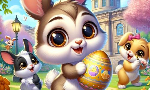 Ein kleiner Hase namens Felix mit einem weichen, hellbraunen Fell, großen ausdrucksvollen Ohren und funkelnden neugierigen Augen steht in der Mitte des Bildes und hält ein mit einem goldenen Symbol verziertes Osterei, während er mit einem erstaunten Lächeln im Gesicht schaut. Rechts von ihm ist Paul, ein weiterer kleiner Hase mit schwarz-weißem Fell und leuchtenden runden Augen, der Felix aufgeregt ansieht und mit aufgerichteten Ohren einen bunten Pinsel in einer Pfote hält. Links springt Mia, eine hübsche Häsin mit goldenem Fell und einer rosa Schleife in den Ohren, vor Freude und zeigt mit funkelnden Augen auf ein altes Gebäude im Hintergrund. Der Ort ist ein frühlingshafter Park voller bunter Blumen, mit blühenden Bäumen und einem strahlend blauen Himmel, wo Kinder fröhlich im Hintergrund spielen. Die Szene zeigt Felix und seine Freunde, die einen Schatz hinter einem alten Gemälde in einem Museum entdecken, umgeben von Ostern dekorationen und schafft eine festliche, magische Atmosphäre.