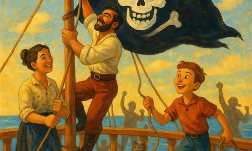 Hombre adulto, el capitán Darío Malacara, barbudo y bronceado, orgulloso y aliviado, sube al mástil para izar una gran bandera negra; mujer adulta, Lía “Cuerda Fina”, contramaestre, pelo castaño en moño y ropa práctica manchada de tinta, sujeta la driza al pie del mástil y sonríe detrás de Darío a babor; chico de unos 14 años, Nico, marinero joven de pelo corto y ojos abiertos, salta en la cubierta riendo con una cuerda en la mano a estribor mirando la bandera; varios marineros al fondo vitorean con los puños alzados y un gato gris sobre una caja cerca de la popa; cubierta de madera barnizada y gastada con cabos enrollados, cielo azul amplio con nubes finas y mar brillante en el horizonte bajo una luz dorada de tarde; la gran bandera negra ondea en lo alto del mástil, tela arrugada por el viento con un dibujo blanco de una calavera guiñando, ambiente de triunfo cálido, colores ricos y texturas visibles de pintura acrílica.