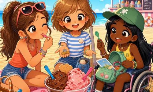 Ci sono 3 bambine: Marta, circa 11 anni, capelli castano chiaro corti, maglietta a righe blu e bianca, borsettina aperta con conchiglia in tasca, mostra monete sul palmo, seduta al centro sotto il grande ombrellone; Giulia, circa 11 anni, capelli castani raccolti in una coda alta, occhiali da sole sulla testa, canotta corallo, fa la smorfia poi ride prendendo il primo cucchiaino di gelato, a sinistra di Marta; Sara, circa 12 anni, capelli neri lisci, berretto verde, seduta su una piccola carrozzina da spiaggia stilizzata, zaino aperto con mappa e elastico visibili, sorride tenendo un cucchiaino, a destra di Marta vicino all’ombrellone. Luogo: spiaggia soleggiata con sabbia dorata, grande ombrellone a spicchi colorati (arancione, blu, verde), asciugamani con fenicotteri e stelle marine, chiosco di gelato sullo sfondo e mare calmo all’orizzonte. Situazione: le tre amiche sotto il parasole condividono una grande coppetta di gelato metà cioccolato e metà fragola con cucchiaini di plastica colorati, espressioni gioiose, gocce di gelato che brillano al sole; atmosfera estiva, stile chibi carino con contorni netti, colori vivaci e texture da fumetto.