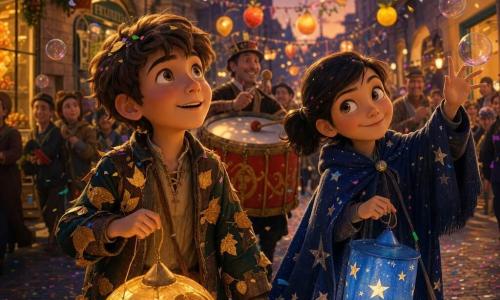 Two children, Luca (about 11) with short brown hair wearing a patched jacket adorned with gold-paper leaves and holding a round gold paper lantern with leaf cutouts, and Maya (about 11) with black hair in a ponytail wearing a navy cape painted with silver stars and holding a blue lantern with star cutouts, walk side by side in a cobbled city street at dusk beneath fruit-shaped hanging lanterns; a red-and-gold drum beats behind them as illuminated lanterns cast golden and blue patterns on the pavement while confetti and shimmering bubbles burst around them, their faces lit with wonder and joy.