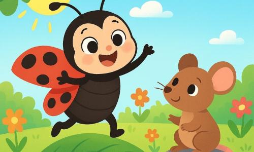 Una mariquita alegre, Lili, con alas rojas brillantes salpicadas de pequeños puntos negros, baila sobre una hoja verde brillante. Su rostro irradia felicidad, con grandes ojos brillantes. A su lado, Paco, un pequeño ratón de pelaje marrón y grandes ojos curiosos, la anima sonriendo, sentado sobre una piedra lisa. En el fondo, se extiende un campo de flores coloridas bajo un cielo azul claro, con nubes blancas esponjosas. La escena transcurre en un rincón soleado del bosque, donde los rayos del sol se filtran a través de las hojas, creando sombras danzantes. Lili y Paco se divierten juntos, intentando bailar y saltar, llenos de alegría y energía.