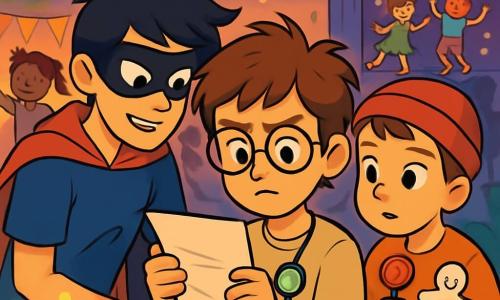 Há 3 personagens: - Miguel: um garoto de 11 anos, com cabelo castanho bagunçado e óculos redondos. Ele usa uma camiseta de detetive com uma lupa de plástico pendurada no pescoço. Ele está no centro, com um olhar determinado, lendo uma nota. - Davi: um garoto de 10 anos, com um doce vermelho na mão e um boneco de papel na outra. Ele tem cabelo curto e usa um boné vermelho. Ele está um pouco atrás, observando atentamente Miguel. - Felipe: um garoto de 12 anos, alto e atlético, com cabelo preto desgrenhado. Ele usa uma capa de super-herói e uma máscara de Zorro. Ele está à esquerda de Miguel, inclinado para frente, pronto para ajudar. O cenário é uma festa de carnaval no bairro, onde cores vibrantes iluminam o ambiente. Bandeirinhas coloridas flutuam ao vento, e crianças fantasiadas dançam ao redor de uma grande mesa cheia de guloseimas, como bolos, doces e copos de suco. Ao fundo, um grande palco decorado com luzes brilhantes, onde crianças se divertem cantando e dançando. A situação principal mostra os três amigos em plena investigação, buscando pistas para resolver o mistério do troféu desaparecido. Miguel segura uma nota misteriosa, enquanto Davi e Felipe estão atentos, prontos para decifrar a mensagem. A excitação e a aventura estão visíveis em seus rostos, enquanto a atmosfera festiva da festa os envolve.