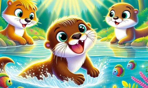 Otto, een jonge otter met een glanzende bruine vacht en nieuwsgierige sprankelende ogen, zwemt enthousiast in een zonnige rivier, zijn gezicht straalt van vreugde en vastberadenheid. Dichtbij observeert Felix, een kleurrijke vis met glinsterende schubben en een aanmoedigende glimlach, Otto met bewondering, drijvend dicht bij het wateroppervlak. Luna, een vriendelijke otter met een zachte vacht en witte vlekken op haar buik, applaudisseert op de oever, haar ogen stralen van opwinding en trots voor haar vriend. De scène speelt zich af in een mooie rivier omringd door weelderig groen, waar de zonnestralen op het heldere water dansen en gouden reflecties creëren. Wilde kleurrijke bloemen omringen de oevers, wat een vleugje magie aan de omgeving toevoegt. De hoofdactie toont Otto, vol vertrouwen, die een spectaculaire sprong uit het water maakt, zijn overwinning op zijn angsten en zelfontdekking vierend.