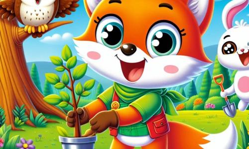 Um pequeno raposo laranja brilhante, chamado Rufi, com grandes olhos brilhantes e uma cauda espessa, sorri alegremente enquanto planta uma jovem árvore na terra fértil. Ao lado dele, uma sábia coruja de penas marrons e brancas, chamada Olívia, observa com um ar encorajador, seus olhos redondos brilhando de sabedoria. Um coelho branco travesso, Pipo, com grandes orelhas em pé, salta ao redor deles, rindo e segurando uma pequena pá com suas patas dianteiras. Ao fundo, uma bela floresta verde se estende, com árvores majestosas, flores coloridas e um céu azul radiante. A cena mostra Rufi e seus amigos unidos em uma alegre atividade de plantio, cheios de entusiasmo e determinação para proteger seu ambiente.