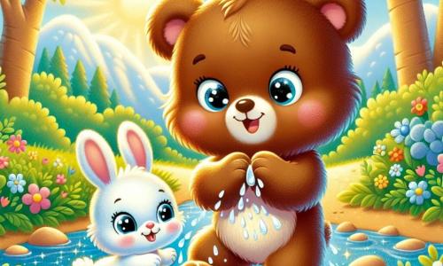 A small brown bear with sparkling eyes and a joyful smile stands by a stream, splashing water with its paws. It has soft, silky fur and its cheeks are slightly rosy with happiness. Beside it, a small white rabbit with big ears, looking curious and playful, watches the water splashes while hopping on its hind legs. The scene is set in a sunny meadow filled with colorful flowers dancing in the wind, surrounded by majestic trees with bright green leaves. The stream sparkles in the sun, creating golden reflections on the clear water. The main situation shows the little bear and rabbit having fun together, laughing and playing in the water, enjoying the magic of a summer day in nature.