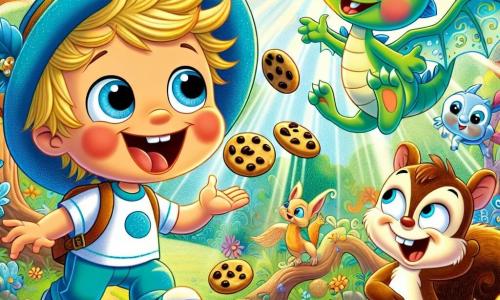 A one-year-old boy with messy blonde hair and rosy cheeks wears a funny blue hat with a dancing feather. He has a big smile on his face, his eyes sparkling with excitement as he looks for cookies in the enchanted forest. Next to him is a wiggly three-year-old dragon named Dotty, with shimmering green scales and round, mischievous eyes. She joyfully flies above Timmy, her translucent wings shining in the sun. A two-year-old squirrel named Ziggy perches on a tree branch, with brown fur and a bushy tail. He laughs while pointing at a fluffy cloud above them. The scene takes place in a colorful forest, with spiraled tree trunks, vibrant flowers, and sunlight filtering through the leaves. Timmy and Dotty are searching for missing cookies, laughing and having fun together, while Ziggy helps by showing them where the cookies might be hidden.