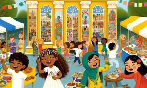 In one corner of the image, Mia, a 12-year-old girl with curly brown hair, is painting a large colorful panel featuring cultural symbols. Next to her, Aisha, a 12-year-old girl of Pakistani descent with olive skin and a bright smile, is hanging traditional brightly colored clothing. Lila, a 12-year-old girl of Brazilian descent with long black hair, is joyfully dancing in a colorful dress, her feet hitting the ground to the rhythm of samba. Finally, Zoe, a 12-year-old girl with fair skin and short hair, is using sign language to communicate with the children around her, her face beaming with joy. 

The setting is the Willow Cultural Center, a building with bright yellow walls, decorated with beautiful murals depicting scenes from various cultures. Colorful stalls are arranged all around, filled with delicious dishes and traditional decorations, while children laugh and dance in a festive atmosphere. 

The main scene shows the four friends preparing for a diversity festival, enthusiastically sharing their cultures and celebrating their differences. Children gather around them, captivated by the beauty of art and dance, creating an atmosphere of joy and inclusion.