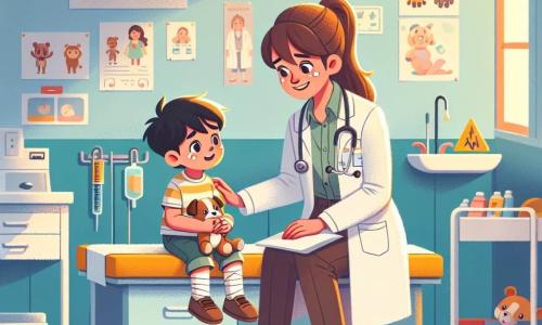 La Doctora Valeria es una mujer de unos treinta años, con cabello castaño recogido en una coleta, que lleva una bata blanca y un estetoscopio alrededor del cuello. Sonríe cálidamente mientras se inclina hacia un niño pequeño, Daniel, de aproximadamente cinco años, con cabello rubio desordenado y ojos llenos de lágrimas. Daniel sostiene un hueso de peluche y está sentado en una mesa de examen, mirando a Valeria con esperanza. El lugar es una sala de urgencias de hospital colorida y acogedora, con paredes decoradas con dibujos de animales y juguetes esparcidos por el suelo. Carteles educativos sobre salud adornan las paredes, y una luz suave entra por las ventanas, creando una atmósfera tranquila. La situación principal muestra a Valeria examinando la pierna lesionada de Daniel, que tiene una fractura. Ella le habla suavemente para tranquilizarlo, mientras una enfermera está cerca, lista para ayudar con suministros médicos. La atmósfera es seria y reconfortante, ilustrando el compromiso de Valeria de ayudar a los niños en apuros.