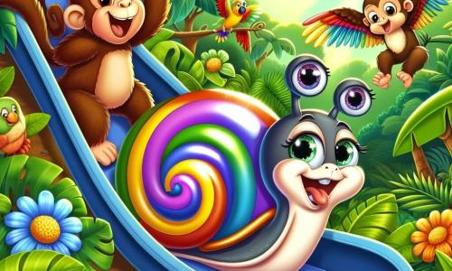 Un caracol llamado Caracolito, con un caparazón colorido en espiral y ojos brillantes de alegría, se desliza con entusiasmo por un tobogán hecho de hojas brillantes y ramas, riendo a carcajadas. A su lado, una mona traviesa, de pelaje marrón y ojos pícaros, se balancea en una rama, lista para lanzarse por el tobogán, mientras que un loro de plumas brillantes, posado en otra rama, aplaude con emoción. La escena se desarrolla en una jungla exuberante, llena de grandes hojas verdes, flores coloridas y un cielo azul radiante, donde los rayos del sol se filtran a través de los árboles. Caracolito se prepara para deslizarse por el tobogán, rodeado de sus amigos, todos ansiosos por compartir un momento de alegría y risas en su aventura.