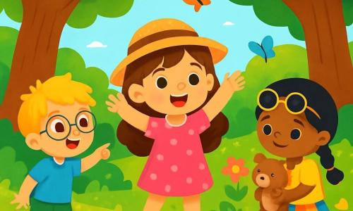 Există 3 personaje: - Ana: o fetiță de 6 ani, cu păr lung castaniu și ochi strălucitori. Poartă o rochie roz cu buline și o pălărie mică din paie. Se află în centru, zâmbind, cu brațele ridicate ca o exploratoare. - Luca: un băiețel de 5 ani, cu păr blond zbârlit și ochelari rotunzi. Poartă un tricou albastru și o pereche de pantaloni scurți verzi. Este la stânga Anei, arătând spre un copac mare. - Mara: o fetiță de 6 ani, cu păr negru împletit și ochelari de soare. Poartă o fustă colorată și un tricou galben. Este la dreapta Anei, ținând o jucărie de pluș și admirând florile. Locul este o pădure magică, cu copaci uriași și frunze verzi strălucitoare. Flori multicolore cresc peste tot, iar un pârâu mic strălucește sub soare. Fluturi zboară în jur, adăugând o notă de magie mediului. Situația principală îi arată pe cei trei prieteni în plină aventură, explorând pădurea. Ana, cu un zâmbet larg, pare să își încurajeze prietenii să descopere minunile naturii, în timp ce Luca observă un copac impunător, iar Mara admiră florile strălucitoare.