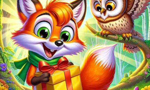 Ein kleiner, schlauer Fuchs namens Felix mit leuchtend orangefarbenem Fell und einem buschigen Schwanz lächelt fröhlich, während er ein goldenes Geschenkpaket in seinen Pfoten hält. Seine Augen funkeln vor Aufregung und Neugier. Neben ihm sitzt eine große Eule namens Ella mit braun-weißen Federn, die mit einem staunenden Blick und glänzenden, großen Augen beobachtet. Sie sitzt auf einem Ast, der leicht zu Felix geneigt ist. Die Szene spielt in einer wunderschönen Lichtung im Wald, umgeben von majestätischen Bäumen mit strahlend grünen Blättern, durch die Sonnenstrahlen brechen und ein Spiel von Schatten und Licht erzeugen. Bunte Blumen bedecken den Boden und fügen lila, gelbe und rote Akzente hinzu. Felix und Ella bereiten sich darauf vor, das geheimnisvolle Paket zu öffnen, umgeben von ihren tierischen Freunden, die alle gespannt auf die Überraschung warten.