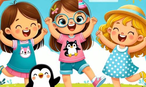 Ci sono tre personaggi: 1. **Sara**: una ragazza di 8 anni con lunghi capelli castani e occhiali rotondi. Indossa una maglietta rosa con un gatto disegnato sopra e un pantaloncino di jeans. È al centro dell'immagine, mentre ride con le braccia alzate. 2. **Luna**: una ragazza di 8 anni con capelli biondi ricci e una piccola treccia. Indossa un vestito blu a pois bianchi e sandali gialli. È a sinistra di Sara, mentre salta gioiosamente. 3. **Il pinguino**: un pinguino divertente e sorridente, con un piccolo cappello da festa in testa. È a destra di Sara, mentre fa un passo di danza con una zampa sollevata. La scena si svolge in un bel giardino soleggiato, pieno di fiori colorati e erba verde. Sullo sfondo si vede un grande albero con rami che danzano dolcemente nel vento. Il cielo è blu con alcune nuvole bianche e soffici. I tre amici stanno ballando insieme, ridendo e divertendosi. Il pinguino scivola leggermente sull'erba, facendo ridere ancora di più le due ragazze. L'atmosfera è gioiosa e piena di colori vivaci, catturando lo spirito di una bella giornata estiva.