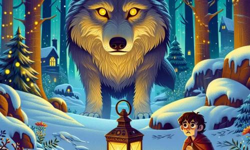 Un grande lupo cattivo, con un pelliccia grigia e arruffata e occhi gialli brillanti, si trova al centro della scena, mostrando un'espressione di curiosità mista a una leggera minaccia. Le sue grandi zampe sono piantate saldamente nella neve, e la sua coda è alzata, pronta a balzare. Alla sua destra, una piccola lanterna, con un corpo in metallo dorato e una fiamma tremolante, emette una luce dolce e calda. È posata su una roccia coperta di neve, illuminando il volto preoccupato di un giovane ragazzo dai capelli castani, che guarda il lupo con un'espressione di paura mista a speranza. Il contesto è una foresta incantata, con alberi maestosi e tronchi spessi, le cui branche sono cariche di neve scintillante. Il terreno è coperto da uno spesso strato di neve immacolata, e impronte di zampe di lupo si tracciano nella neve, conducendo a un sentiero misterioso. La scena principale mostra il lupo di fronte alla lanterna e al ragazzo, come se esitasse ad avanzare, mentre la lanterna illumina timidamente il cammino, simboleggiando la speranza e la ricerca della verità in un mondo pieno di paure.