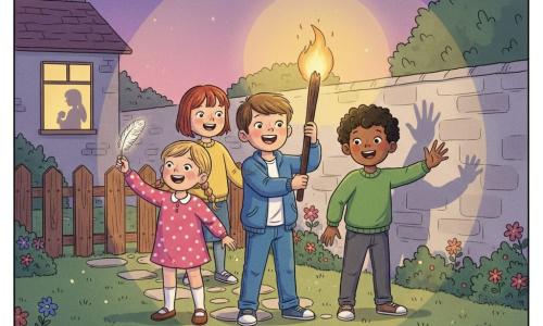 Quattro bambini: Luca, ragazzo di ~7 anni, capelli castani corti, giacca blu e jeans, tiene una grande torcia accesa al centro che illumina il giardino; Giulia, bambina di ~6 anni, capelli biondi a trecce, vestito rosa a pois, a sinistra di Luca mostra una piuma illuminata; Marco, ragazzo di ~7 anni, capelli neri ricci, maglione verde, a destra di Luca fa ombre con le mani sul muro; Anna, bambina di ~6 anni, capelli castano chiaro corti, maglione giallo, sorride e tiene la mano di Luca dietro di lui. Luogo: piccolo giardino al crepuscolo con prato verde, sentiero in lastre chiare, recinzione di legno, aiuole fiorite e un muro chiaro dove danzano le ombre; cielo viola stellato e la finestra di una casa con una silhouette materna e una lampada calda. Situazione: i quattro esplorano la notte che scende, la torcia proietta un fascio rotondo e ombre giocose, volti ridanciani, luce calda in contrasto col cielo viola, atmosfera sicura e curiosa.