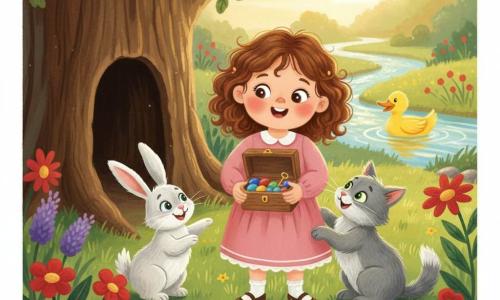 A 4-year-old girl with a round face, chestnut curly hair, rosy cheeks and bright eyes, smiling in wonder, delicately holds an open small wooden box of colorful stones and a tiny golden key; a fluffy gray cat named Whiskers sits to her right rubbing its paw against her leg, and a white rabbit named Benny with long gray-speckled ears points at the box while sitting by the hollow tree trunk; a yellow duck swims in a sparkling stream behind them; the secret garden has emerald grass, large colorful flowers, a shimmering stream and a large old oak with a dark hole at its base; the scene shows the treasure discovery at the tree’s foot with soft sunset light filtering through the leaves, a joyful magical atmosphere, vivid colors and visible gouache textures and brushstrokes.