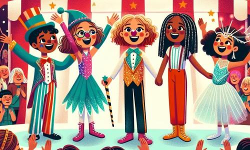 No centro da imagem, quatro meninas de 11 anos estão juntas, radiantes de alegria. Ana, com cabelos castanhos e óculos redondos, usa uma fantasia de palhaço colorida e sorri amplamente. À sua direita, Beatriz, com cabelos loiros e cacheados, está vestida de acrobata com um collant brilhante, levantando os braços. À esquerda, Carla, com cabelos negros trançados, usa um chapéu de mágica e segura uma varinha, olhando com admiração. Por fim, Daniela, com cabelos ruivos, está vestida com um vestido de bailarina e faz uma pirueta, com os braços no ar. Ao fundo, o circo é decorado com grandes tendas listradas vermelhas e brancas, com luzes brilhantes e balões coloridos flutuando no ar. O ambiente está cheio de magia e excitação, capturando o espírito alegre e dinâmico de um espetáculo de circo.