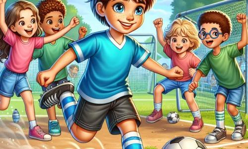 Gabriel, um garoto de 10 anos, está no centro da imagem, com um grande sorriso de alegria e empolgação. Ele veste uma camisa de futebol azul vibrante, um short preto e tênis usados, com os cabelos castanhos bagunçados. Ele se prepara para chutar a bola com determinação, seus olhos brilhando de energia. Ao seu redor, várias crianças o observam com admiração. Entre elas, uma menina de 9 anos, com cabelos longos e cacheados, usa uma camiseta rosa e shorts de jeans, levantando os braços para encorajar Gabriel. Outro menino, de 8 anos, com óculos e uma camiseta verde, está sentado no chão segurando uma bola de futebol, atento a Gabriel, pronto para jogar. O cenário é um campo de futebol de terra batida, cercado por vegetação, com árvores verdes e um céu azul radiante. Flores coloridas crescem ao longo do campo, adicionando alegria ao ambiente. A cena mostra Gabriel se preparando para chutar a bola, enquanto as outras crianças o apoiam, criando uma atmosfera de camaradagem e paixão pelo futebol.