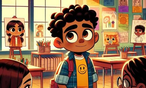 Una niña de 7 años, llamada María, está en el centro de la imagen, con grandes ojos marrones y trenzas negras. Lleva una camiseta amarilla con una sonrisa dibujada, pero su rostro expresa tristeza, con las cejas fruncidas y los labios ligeramente apretados. Sostiene un pincel en una mano y una paleta de colores en la otra, mirando sus dibujos en la pared, visiblemente preocupada por las palabras hirientes que ha recibido. A su lado, su amigo Lucas, un niño de 8 años con cabello castaño desordenado y una camiseta azul, la observa con una expresión protectora, listo para apoyarla. Ana, otra amiga de 7 años con cabello rubio y gafas, está un poco más atrás, sosteniendo un cuaderno de bocetos, mostrando compasión y ánimo. La escena ocurre en el gimnasio de la escuela, con carteles coloridos en las paredes y mesas llenas de materiales artísticos, iluminada por la luz que entra por las ventanas. María comparte sus sentimientos sobre el acoso que ha sufrido, mientras Lucas y Ana la escuchan atentamente, listos para ofrecerle su apoyo y amistad.