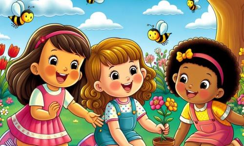 In a sunny park, three 8-year-old girls are happily together. Lily, with long brown hair and a pink dress, smiles while holding a small trowel. Next to her, Mia, with curly blonde hair, wears a yellow blouse and gazes in awe at a dragon-shaped cloud. Finally, Zoe, with chestnut hair and a small braid, crouches by a flower pot, watching bees buzzing around her. The park is filled with colorful flowers: red tulips, white daisies, and yellow daffodils, while a large oak tree provides shade. The sky is a bright blue, dotted with fluffy clouds. The girls are planting flower seeds in the garden, laughing and helping each other, as butterflies flutter around them, adding to the magic of spring.