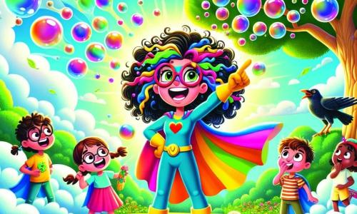 O supereroină, Mătușa Bubu, este o femeie veselă cu părul creț și o capă multicoloră care flutură. Are un zâmbet ștrengar și ochi strălucitori. Se află în centrul imaginii, înconjurată de bule de săpun uriașe care dansează în jurul ei. La dreapta ei, Adina, o fetiță de 10 ani cu ochelari rotunzi și împletituri, privește cu uimire scena, ținând un știulete de porumb în mână. La stânga, Cosmin, un băiat de 9 ani cu părul zbârlit și un tricou cu dungi, râde arătând cu degetul spre o bulă de săpun care s-a transformat într-un știulete de porumb. Locația este un parc verde, cu copaci măreți, flori colorate și un cer albastru strălucitor. Ciorile curioase zboară deasupra, observând scena. Mătușa Bubu strănută, provocând o explozie de bule de săpun care se transformă în obiecte amuzante, în timp ce prietenii ei râd și se distrează în jurul ei.