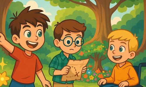 There are 3 characters: - **Max**: a 10-year-old boy with messy brown hair and sparkling green eyes. He wears a red t-shirt and blue shorts, standing in front with his arms raised and a bold smile, ready for adventure. - **Leo**: a 10-year-old boy with round glasses that magnify his blue eyes. He has neatly styled brown hair and wears a green checkered shirt and beige pants. He stands slightly back, holding a treasure map with a focused expression. - **Sam**: a 10-year-old boy with blonde hair and a warm smile. He uses a wheelchair decorated with colorful stickers and wears a yellow sweatshirt. He is next to Max, his eyes shining with excitement as he looks toward the magical garden. The main setting of this story is a beautiful sunlit clearing surrounded by majestic trees with thick trunks and lush green leaves. In the center of the clearing is an enchanting garden filled with vibrant flowers of all colors, featuring a large ancient tree with branches extending like welcoming arms. A sweet floral scent fills the air, and a gentle melody seems to emanate from the dancing petals. The main situation shows the three friends discovering the hidden garden, awestruck by its beauty. Max enthusiastically points to a sparkling flower, while Leo carefully examines the treasure map, and Sam, with a radiant smile, admires the vivid colors surrounding them, all united in their quest for adventure.