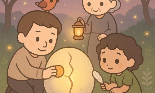 The main character is a man named Elias with a soft round face, short brown hair and a calm focused look; he smiles slightly as he places a small hot stone into the crack of a large glowing round stone. A secondary character is a girl named Liri (about 8), short curly hair, moss-green dress, who shyly offers a white feather to Elias from a crouch beside the stone. Another secondary is an old woman (about 70) with silver hair like moon-thread in a simple dress, holding a small golden lamp toward the crack and standing behind Elias. A small russet bird perches on the stone's edge, bright-eyed, observing. Pale yellow translucent wisps float and dance above the stone. The setting is a misty valley at dusk with mossy green grass, silver ferns, twisted-trunk oaks with glittering leaves, a ground strewn with tiny phosphorescent flowers and a soft pink-purple sky. The scene centers on Elias repairing the crack by placing the feather, lamp and hot stone; the mood is calm, warm and magical, with centered composition, pastel colors, soft contrasts and simple rounded features.