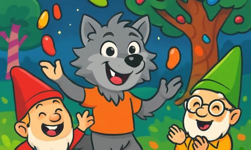 A friendly werewolf with soft gray fur and sparkling mischievous eyes stands at the center of the scene, enthusiastically smiling while trying to juggle colorful jellybeans. Next to him, a cheerful gnome, about 10 years old, with a red pointed hat and a cotton white beard, laughs as he tosses jellybeans in the air. Another slightly older gnome, wearing a green hat and round glasses, claps in delight. The scene takes place in an enchanted clearing surrounded by candy-trunked trees and singing flowers under a twinkling starry sky. In the background, a giant tree with branches laden with jellybeans of all colors creates a magical atmosphere. The main situation shows the werewolf and gnomes celebrating joyfully around the jellybean tree, filled with joy and friendship in a festive and colorful ambiance.