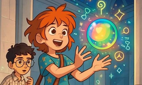 There are two main characters: Sera, a 12-year-old girl with tousled copper hair, sparkling curious eyes, and a determined smile. She wears a lightweight tunic with star patterns and holds an old, worn satchel. She stands at the center, arms outstretched towards the Mnemor Orb, captivated by its light. Jax, a 12-year-old boy with curly black hair and round glasses slipping down his nose, wears a plaid shirt and canvas pants. He attentively observes the glowing glyphs around him, a concentrated look on his face. He is slightly behind, to the left of Sera, ready to assist her. The main setting is a majestic room within the Astralyra Station, featuring shimmering marble walls, tall columns, and a glass ceiling that lets in starlight. In the center, the Mnemor Orb floats, emitting colorful bursts of light and surrounded by magical symbols and floating technological circuits. The main situation of the story shows Sera and Jax facing the Mnemor Orb, a moment of tension and excitement as they prepare to solve the final challenge to master the power of magic and science. The glowing glyphs dance around them, creating a vibrant atmosphere full of promise.