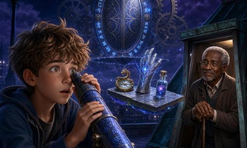 A 12-year-old boy with a round freckled face and tousled chestnut hair, amazed and slightly trembling, holds a midnight-blue metal telescope engraved with glittering runes, looking through it on a rooftop; an about-seventy-year-old grandfather with a soft wrinkled silhouette and gray hair watches from a dormer with a proud, worried smile, hands crossed on his cane; the rooftop has worn concrete slabs, verdigris copper gutters and a distant lamppost under a deep night sky with purple clouds and silver stars; centered behind the boy floats an oval polished-metal door inscribed with glowing glyphs, surrounded by giant gears, and a floating slab platform bearing three objects—a brass compass adorned with a small dragon, a silver glove embroidered with blue lightning, and a vial of swirling stardust; mood: cool blue and violet light, metallic highlights, high contrast, mechanical wonder; composition: mid-shot, main character front-left, star door centered background, grandfather right set back, cinematic atmosphere, smooth textures and sharp gradients.