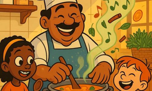 Um chef sorridente e benevolente veste um avental azul-pó e uma touca branca ligeiramente torta; com mãos largas manchadas de farinha, mistura gentilmente uma grande panela de sopa. À esquerda está Lúcia (~9 anos), tímida e maravilhada, com aparelho dentário brilhante e uma colher de madeira; à direita está Miguel (~7 anos), curioso e risonho, segurando uma pequena fatia de bolo laranja com compota, pronto para provar. A cozinha é acolhedora e colorida: azulejos creme, prateleiras de madeira com frascos, cestos de ervas no balcão e raios de luz dourada pela janela. Vapor aromático verde-pálido e laranja sobe em volutas, com folhas de manjericão, paus de canela e rodelas de tangerina flutuando como notas musicais. Atmosfera suave e convidativa, cores quentes saturadas, traços nítidos, contornos arredondados e expressões exageradas ao estilo desenho animado dos anos 90.