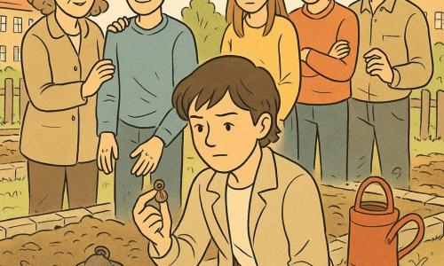 Junge Detektivin, etwa 12–14 Jahre, konzentriertes, sanftes Gesicht, kurze braune Haare, leichte Jacke, kniend im schlammigen Boden und hält ein kleines verrostetes Metallanhänger zwischen den Fingern, neben ihr rechts steht Jonas, etwa 14–15 Jahre, verlegene Erleichterung, zerzauste Haare und schmutzige Hände, links Frau Meier, etwa 40–50 Jahre, besorgt aber dankbar, Hand auf Jonas’ Schulter; hinter Jonas rechts Tobias, etwa 16 Jahre, schuldbewusst mit verschränkten Armen, daneben Lea, etwa 15 Jahre, verlegen mit gefalteten Händen; etwas zurück Herr Vogel, etwa 40–50 Jahre, reumütig mit kleinem Ring am Finger; Ort: Schulgarten mit rechteckigen Beeten, steiniger Umrandung, schlammigen Fußspuren, zerbrochener Laterne, einer roten Gießkanne, niedriger Holzzaun und Schulgebäuden im Hintergrund; Szene: stille Enthüllung — die Detektivin zeigt das gefundene Anhänger nahe der zerbrochenen Laterne, die anderen blicken mit unterschiedlichen Ausdrücken (Erleichterung, Scham, Sorge), Details von Schlamm, zerknitterten Blättern und kleinen Gartengeräten sichtbar.
