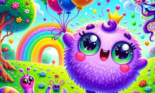 An illustration depicts a small, round, fluffy purple character with large sparkling eyes and a wide smile, joyfully jumping in a colorful field. Surrounded by bright balloons, it expresses excitement and happiness. Nearby, a long, smiling green worm wriggles enthusiastically, its eyes shining with joy, ready to join the birthday games. A fairy with sparkling wings, dressed in a flower petal gown, flits around them, her face beaming with happiness, adding a touch of magic to the scene. The main setting is a sunny field in Zigglyland, filled with dancing multicolored flowers, twisted trees, and shiny leaves, under a bright blue sky dotted with fluffy clouds and a unicorn-shaped cloud on the horizon. The main activity shows the purple character and friends playing balloon-popping games to celebrate its birthday, surrounded by laughter and joy, with colorful confetti falling from the sky, enhancing the festive atmosphere. Other graphic elements include a large cloud-shaped birthday cake decorated with cherries and glitter, and sun rays illuminating the scene, creating a magical and joyful ambiance.