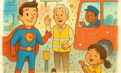 A smiling, confident superhero Captain Wink with one eye winked, in a shiny blue costume and red cape, stands forward with hand raised leading a crowd as confetti and bubbles rain down around a partially covered pedestrian-button; beside him an older man, Mr. Noodle, in a yellow marshal vest waves a rectangular sign in the wind, a 6-year-old brown-haired girl in a yellow dress blows gently near the curb, a bus driver leans from a red bus window blowing too, and a spotted dog wags at bubbles on Sunny Street—colorful blue and pink buildings, a large smiling-apple digital billboard, warm sunlight, paper-and-paint textures, childlike rounded lines and doodle overlays.