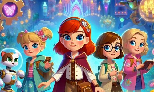 Four 10-year-old girls stand at the center of a fantastical landscape. Mia, the leader with vibrant red hair, wears an adventurer's cloak and smiles determinedly. To her right is Zoe, the little inventor with goggles on her forehead, adjusting a shiny gadget in her hand. On her left, Lily, the nature lover with brown hair adorned with flowers, gently pets a small robot animal that watches her with curious eyes. Finally, Ella, the dreamer with blonde hair, holds an open book, her eyes sparkling with imagination. Their environment is the Techno-Magic Kingdom, a vibrant world where colorful floating castles dance in the sky, surrounded by candy-shaped clouds. Mechanical trees with shimmering leaves and half-animal, half-robot creatures joyfully move around them, creating a magical and dynamic atmosphere. The four friends stand before a large castle with sparkling glass walls, where a glowing portal opens, revealing a world of wonders. They are about to enter the portal to embark on their heroic quest for the Balance Crystal, essential for restoring harmony to their kingdom.
