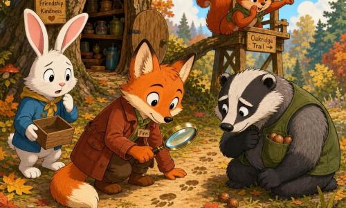 Finn, ein kleiner Fuchsdetektiv steht in der Mitte, neugierig und entschlossen mit einer glänzenden Lupe an der Pfote und braunrotem Mantel, über Begeben in den Boden gebeugt, Hoppel, ein weißer Hase mit langen Ohren, links von Finn, besorgt aber erleichtert, hält eine leere Schachtel, Max, ein kompakter Dachs mit grau-schwarzem Fell, rechts hockt er verlegen am Teich mit ein paar Haselnüssen aus der Tasche, Nelli, ein kleiner roter Eichhörnchen, flüsternd und aufmerksam auf einem niedrigen Ast der Holztribüne im Hintergrund und in eine Richtung zeigend; Schauplatz eine herbstliche Waldlichtung mit gelb-roten Blättern auf dem Boden, einer hohlen Stumpf-Vorratskammer unter einer großen Eiche, einer kleinen Holztribüne am Weg und einem glänzenden Teich, die Szene zeigt die Entdeckung der Haselnüsse, Fussspuren zum Dachs, freundliche Blicke und Gesten, warme Farben, klare Kontraste und einfache, kindgerechte Ausdrucksformen.
