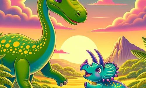 Un diplodoco di nome Dino, dal lungo collo elegante e dalla pelle verde maculata di giallo, si trova al centro della scena, mostrando un'espressione di determinazione e curiosità. Sta allungando il collo verso un piccolo triceratopo di nome Tricera, che ha una pelle blu brillante e tre corna lucenti, e sembra entusiasta, saltellando accanto a Dino con un grande sorriso. La scena si svolge in una vasta pianura preistorica, illuminata dalla luce dorata del sole al tramonto, con felci lussureggianti e montagne lontane sullo sfondo. Nuvole rosa e arancioni fluttuano nel cielo, aggiungendo un tocco magico all'atmosfera. Dino e Tricera si preparano a partire per un'avventura alla ricerca di un drago di pietra, determinati a proteggere il loro territorio dai Velociraptor, circondati da un'atmosfera di eccitazione e amicizia, pronti a superare insieme tutti gli ostacoli.