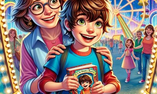 Un chico de 11 años, Lucas, con cabello castaño desordenado y ojos llenos de curiosidad, está en el centro de la imagen, sonriendo ampliamente. Lleva una camiseta azul y un short amarillo, sosteniendo un libro colorido titulado "El Gran Libro de las Aventuras Fantásticas" contra su pecho, con los ojos brillantes de emoción. A su lado, su madre, una mujer de unos treinta años con cabello castaño y gafas, sonríe cálidamente, vestida con una blusa rosa y jeans. Se inclina ligeramente hacia Lucas, compartiendo su alegría. El escenario es el Parque de Aventuras de San Felín, un lugar vibrante y colorido, lleno de atracciones brillantes, globos flotantes y risas de niños. En el fondo, se ve una noria iluminada y un laberinto de espejos, creando una atmósfera mágica y festiva. La escena representa el momento en que Lucas y su madre descubren juntos el laberinto de espejos, un lugar misterioso y encantador donde comienza su aventura.