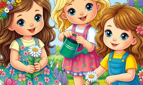 Tre ragazze, Sofia, Giulia e Marta, sono riunite in un giardino colorato. Sofia, di 8 anni, ha lunghi capelli castani e indossa un vestito a fiori, tiene un piccolo annaffiatoio con un grande sorriso. Giulia, anch'essa di 8 anni, ha capelli biondi e ricci, è vestita con una maglietta gialla e una gonna rosa, mostra una margherita che ha appena piantato. Marta, la più piccola con i suoi 7 anni, ha capelli castani e indossa una salopette blu, è accucciata mentre scava una piccola buca con una piccola pala. Il giardino è un vero arcobaleno di fiori: tulipani rossi, violette e margherite bianche fioriscono sotto un cielo azzurro. Gli uccelli cantano sugli alberi e farfalle colorate volano tra i fiori. Le tre amiche lavorano insieme con entusiasmo per piantare fiori, ridendo e condividendo storie, creando così un momento di gioia e amicizia nel cuore della natura primaverile.