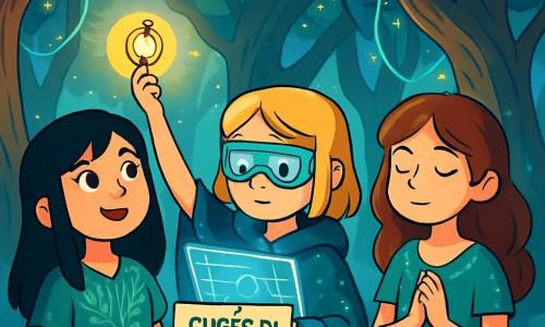 Ci sono 3 personaggi: - Arya: una ragazza di 12 anni con capelli neri come l'inchiostro e occhi brillanti di curiosità. Indossa una tunica di tessuto leggero, decorata con motivi di foglie argentate, e tiene un amuleto luminoso nella mano. - Elea: una ragazza di 12 anni, vestita con un mantello cibernetico scintillante, con capelli biondi e occhiali futuristici. È chinata su uno schermo olografico che illumina il suo viso, scrutando le informazioni. - Sira: una ragazza di 12 anni, con capelli castani e occhi dolci. Indossa un vestito fatto di fili di luce e rimane in silenzio, ascoltando i sussurri degli spiriti della foresta. Le tre amiche si trovano nel cuore della Foresta di Nebra, un luogo magico dove enormi alberi dai tronchi contorti si ergono verso il cielo, le cui foglie brillano come stelle. Viti luminose pendono dai rami e una leggera nebbia avvolge il terreno, creando un'atmosfera misteriosa e incantevole. La scena principale mostra le tre ragazze mentre pianificano la loro ricerca per trovare il Cuore di Ombra e Silicio. Arya, con determinazione, alza il suo amuleto, mentre Elea consulta il suo schermo e Sira chiude gli occhi, ascoltando le voci degli spiriti. L'atmosfera è tesa ma piena di speranza, con raggi di luce che filtrano attraverso il fogliame.
